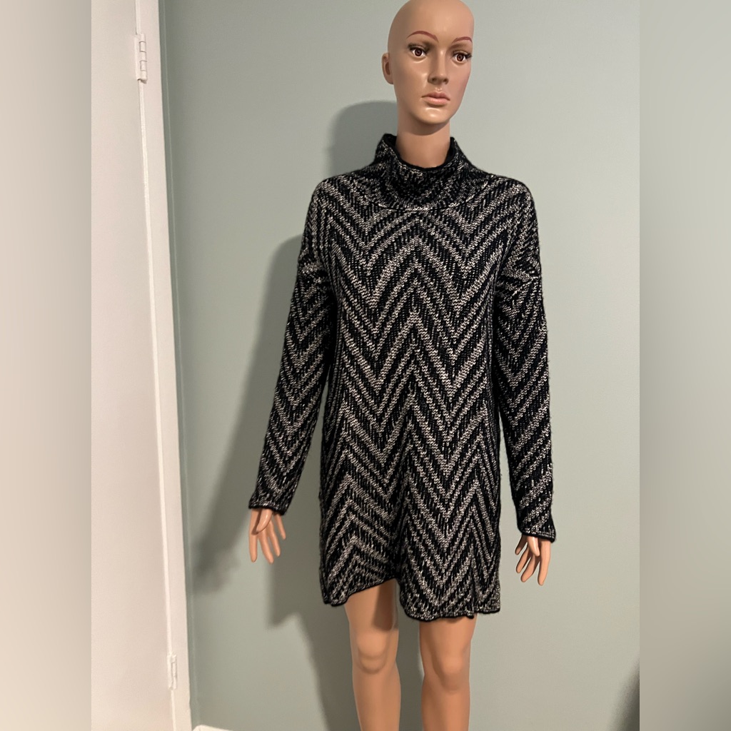 Eileen Fisher Scrunch Neck Tunic Sweater Dress Chevron Size Sp Cotton Organic